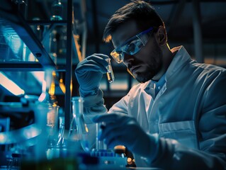 Scientist handling vials, modern lab, selective focus, dim lighting