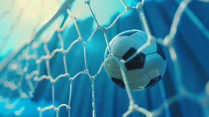 Soccer ball hitting the net, captured midimpact, blue background, intense moment