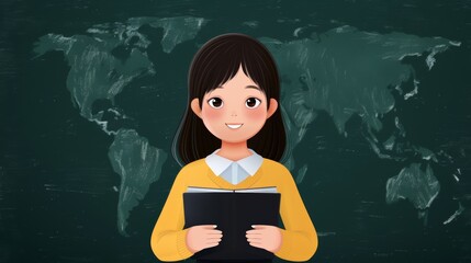 A cheerful young student with a book stands in front of a map, ready to learn