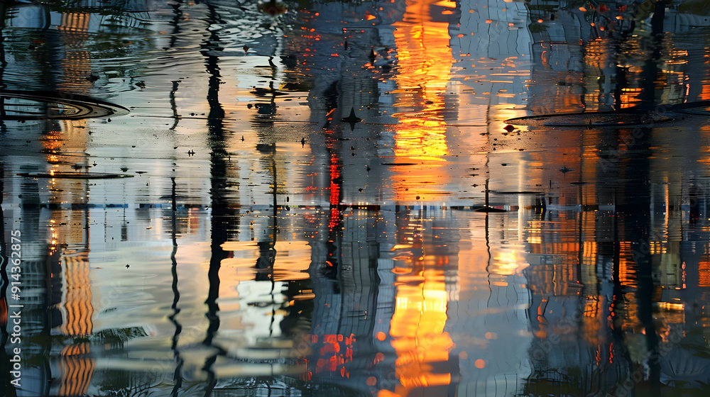 Sticker Cityscape reflection in a puddle of water after a rainfall.