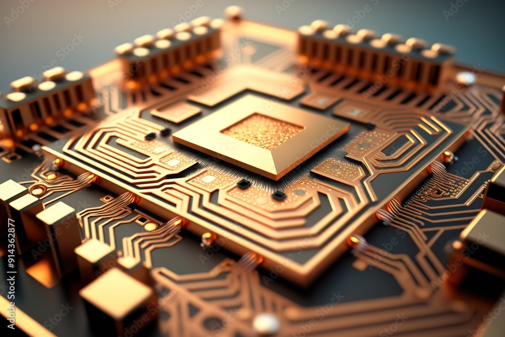 Poster close-up of a golden processor chip on a circuit board.