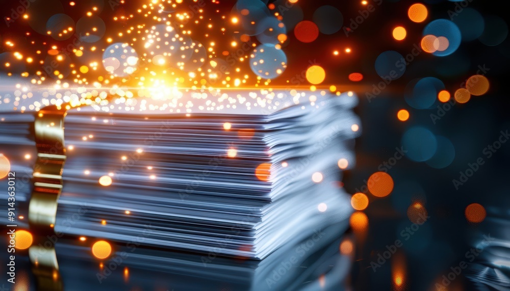 Poster a close-up of a stack of papers illuminated by sparkling lights, creating a captivatingly vibrant an