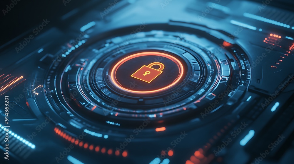 Poster futuristic interface with glowing security lock icon