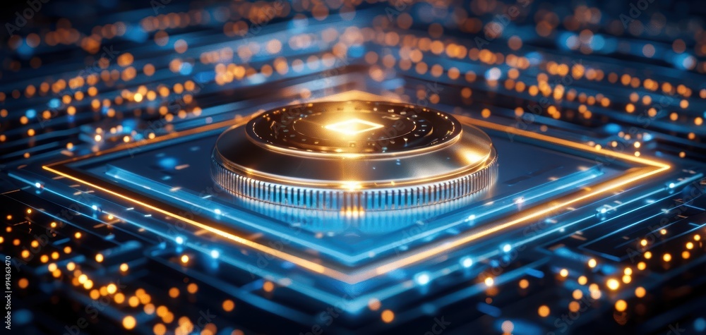 Poster a close-up view of a high-tech microchip surrounded by glowing circuits and lights, symbolizing adva