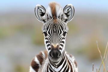 Fototapeta premium A tight shot of a zebra's face, surrounded by a hazy grass and bush backdrop