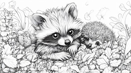 Whimsical Forest Friends Intricately Designed Coloring Book Pages Featuring Raccoons, Owls, and Hedgehogs in Lush Backgrounds