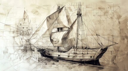 Sailing Ship and Geometric Patterns