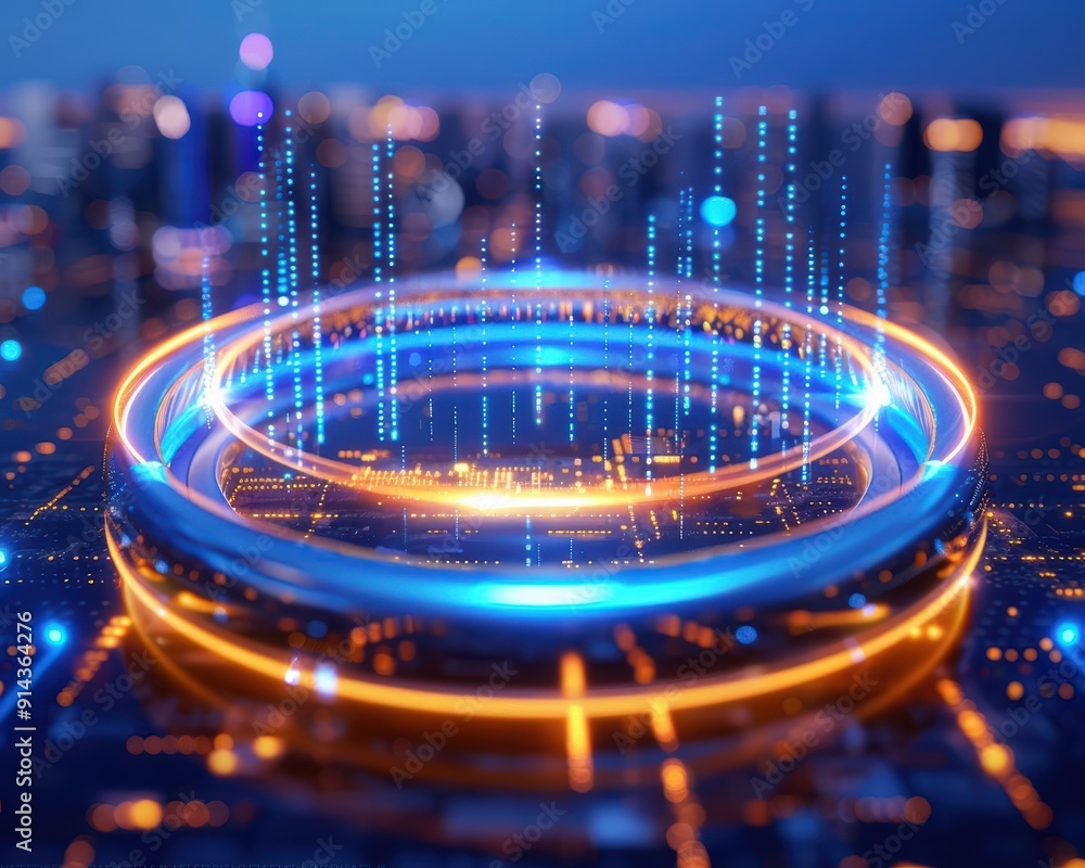 Poster a futuristic digital interface featuring glowing circles and data streams, symbolizing technology an