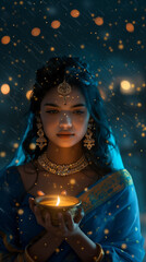 A beautiful Indian woman in a blue saree holds an oil lamp, with lights and candles glowing in the background. The night sky, filled with stars, adds a magical touch to the scene