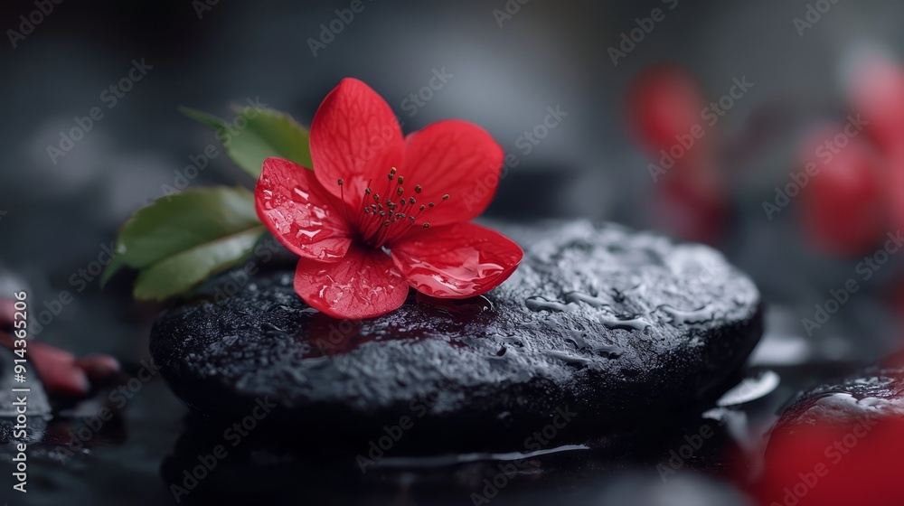 Canvas Prints  A red flower perched atop a rock above tranquil water, kissed by dewdrops