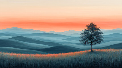 Fototapeta premium Minimalist landscape with rolling hills, a lone tree and a pastel sky