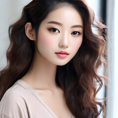 Naklejka premium Close-up portrait of a beautiful Young Asian woman happy and smiling with healthy and perfect skin.