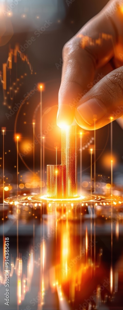 Poster a hand manipulating glowing data visualizations, representing financial growth and analytics in a mo