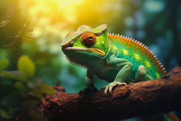 Fototapeta premium Close up of a large green chameleon sitting on a branch, generative ai