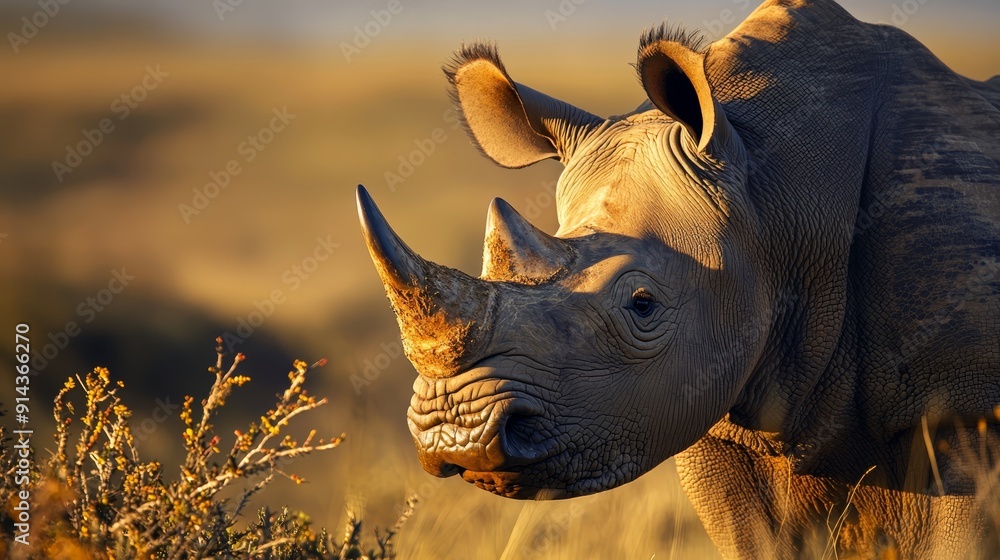 Wall mural  A tight shot of a rhinoceros in a field, background blurred with grass and a bush