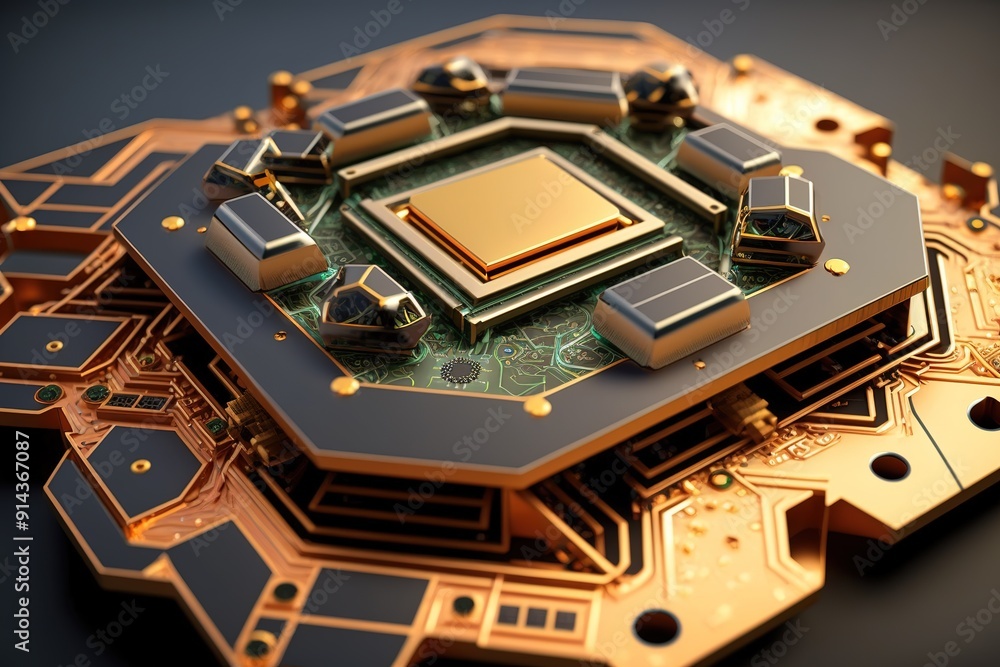 Poster close-up of a gold-plated circuit board with a central processor.