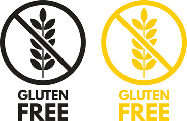 Black and yellow gluten free icon set . Gluten free stamp for packaging design . Vector illustration