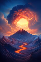 Fiery sunset over majestic volcano with flowing lava and dramatic clouds