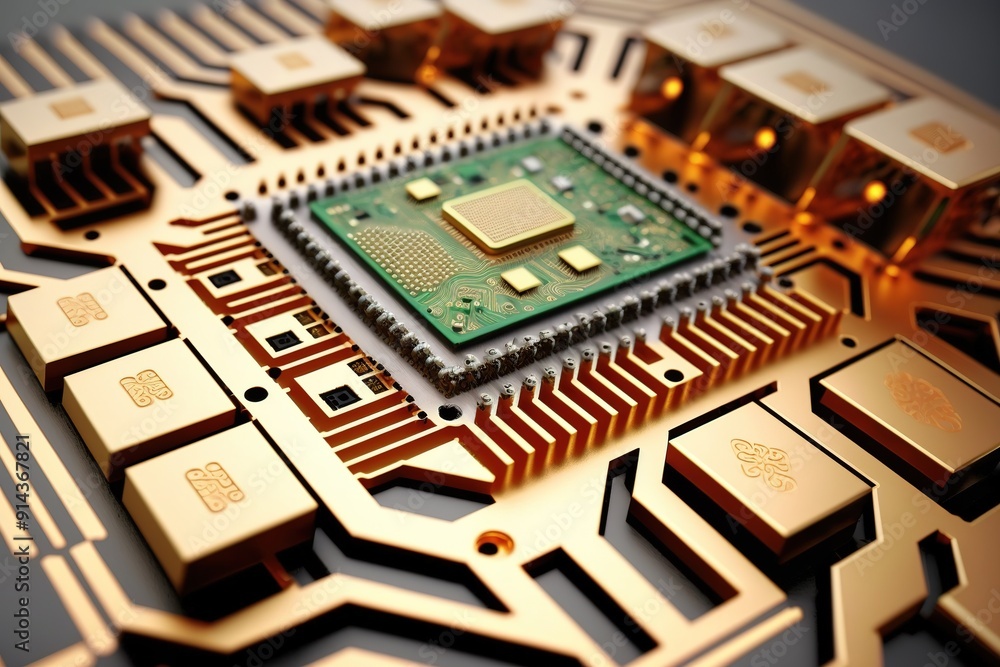 Poster closeup of a gold-plated circuit board with a green microchip in the center.