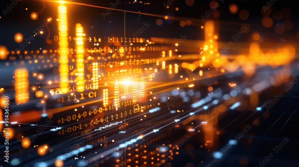 Poster abstract data visualization in vibrant colors, showcasing digital analytics and trends with glowing 