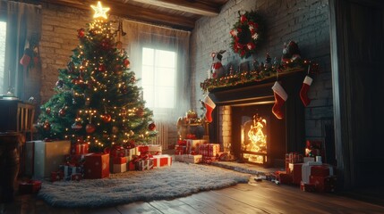 Christmas morning brings warmth and joy with a glowing fireplace, a decorated tree, and gifts waiting to be unwrapped in a charming living room, happy new year 2025 and merry christmas theme