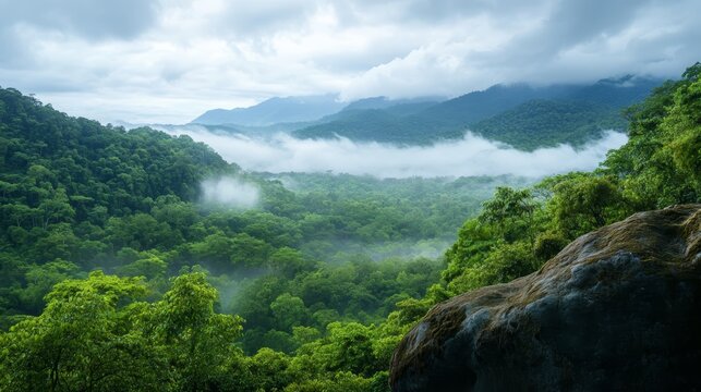 A scenic view of a lush green valley shrouded in mist, with rolling hills in the distance.