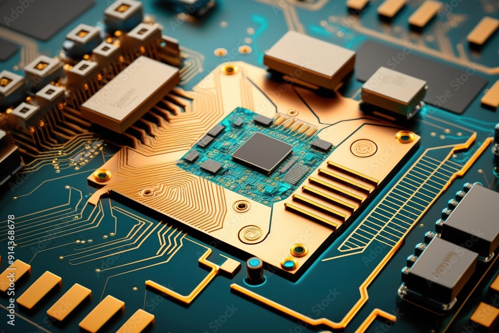 Aufkleber close-up of a gold-plated circuit board with a processor chip.