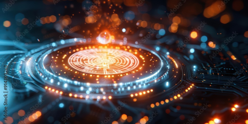 Poster futuristic digital design featuring glowing lights and intricate patterns, perfect for sci-fi and te