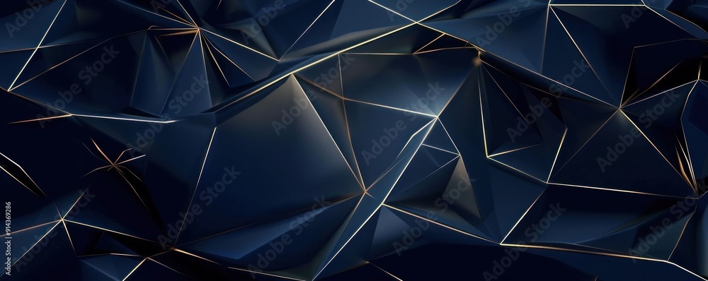 Poster abstract geometric background with dark blue and gold accents, featuring sharp triangular shapes and