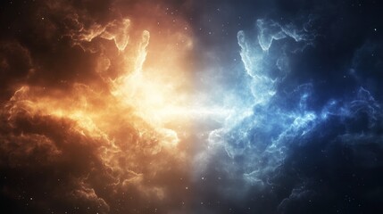 Fototapeta premium Abstract digital art of fiery orange and icy blue clashing in the sky.