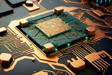 Close-up of a gold-plated circuit board with a processor chip.