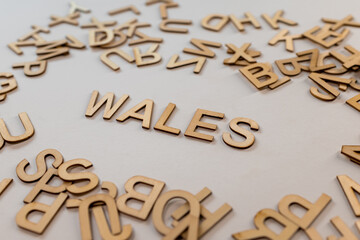 Wales inscription made of wooden letters. Countries of the world. Countries. Wales. The name of the...