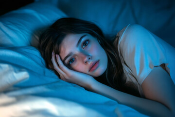 Young woman laying in bed suffering from insomnia.