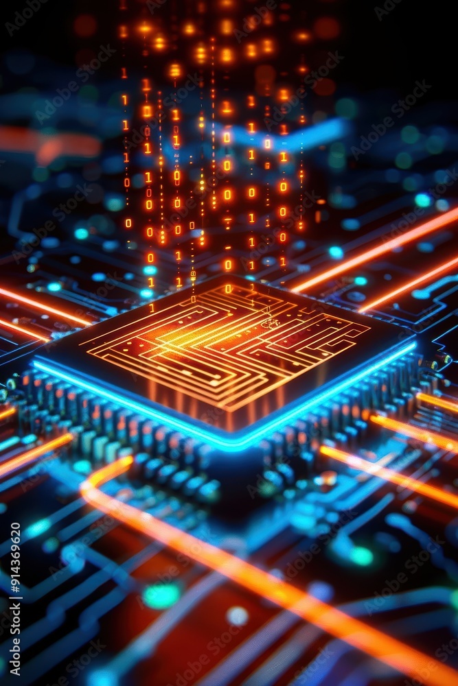 Poster futuristic microchip with glowing circuits and data streams showcasing advanced technology and digit