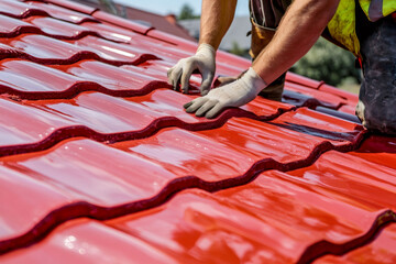 Roofer laying the tile on a house.