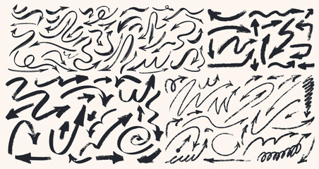 Big set of charcoal, brush stroke, ink arrows vector icons. Hand drawn design freehand different curved lines, swirls, scribbles, scrawls arrows. Template doodle marker drawing, chalk smears.