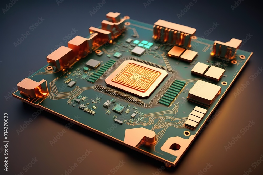 Aufkleber close-up of a gold-plated circuit board with a processor chip.