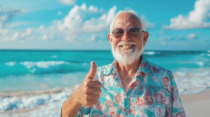 Glücklicher Senior am Strand – Daumen hoch für den perfekten Urlaub