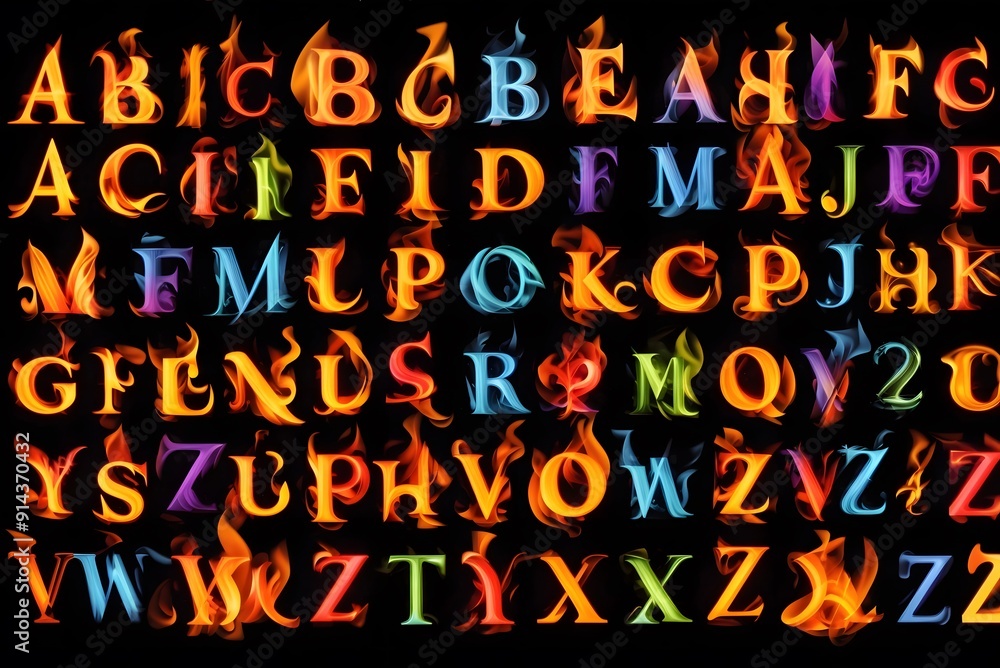 Fototapete fire font burning flaming text all letters of alphabet on black background