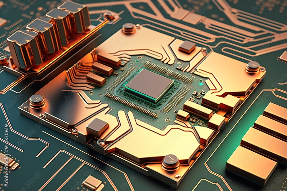 Poster close-up of a gold-plated computer chip on a circuit board.