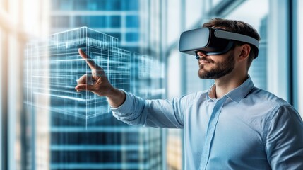 A man wearing a VR headset is pointing at a building. Concept of excitement and wonder as the man explores the virtual world