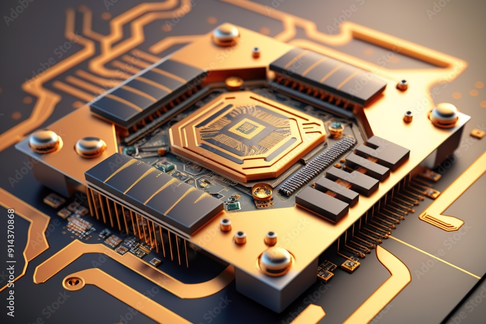 Aufkleber close-up of a gold-plated computer chip with intricate circuitry.