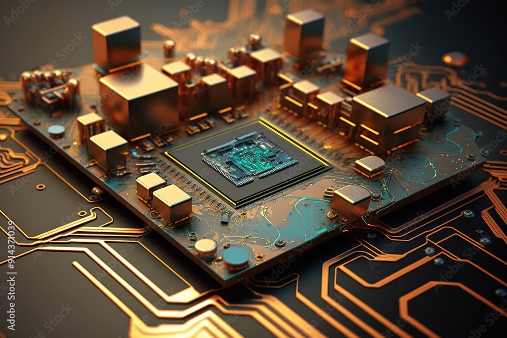 Aufkleber closeup of a gold-plated computer chip with intricate circuitry.