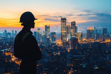 A silhouette of an engineer overlooking a vibrant, illuminated city during sunset