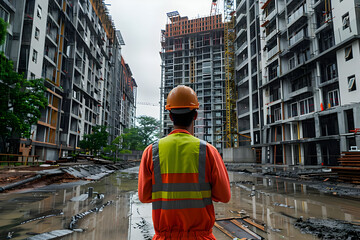 Fototapeta premium Construction worker in orange jumpsuit looking at a large construction site.