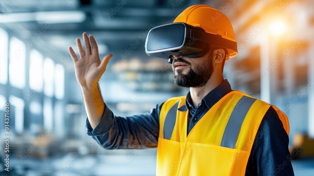 Poster a man in a yellow safety vest is wearing a virtual reality headset and waving. the scene is set in a