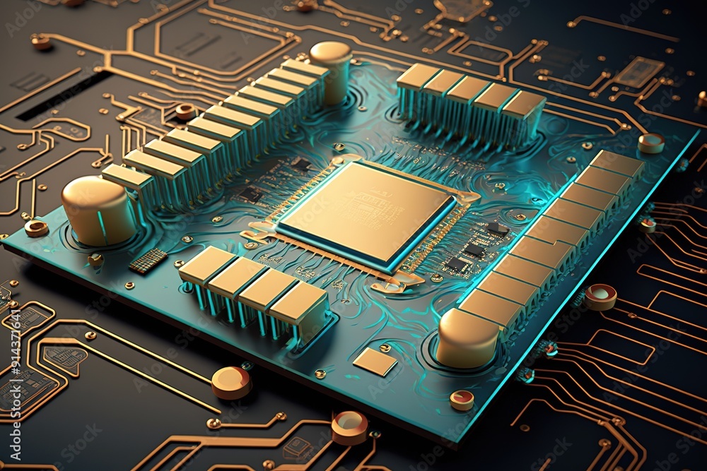 Poster close-up of a gold-plated cpu chip on a circuit board.