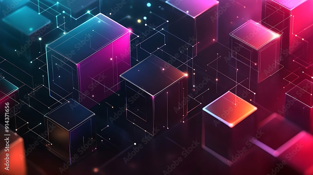 Poster abstract digital network with glowing cubes and lines