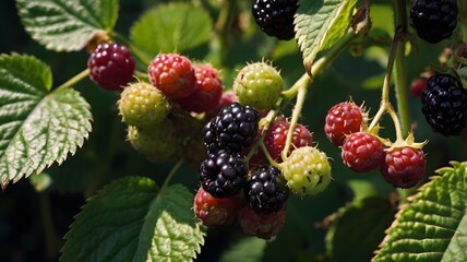 Ripe and unripe fruit of a blackberry plant. Generative AI 