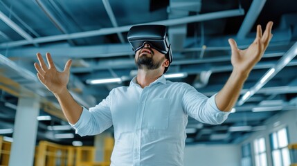 Obraz premium A man virtual reality headset. He is holding his hands up in the air, fully immersed in the game. Concept of excitement and adventure